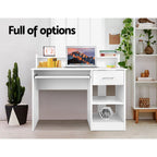 White desk with a slide out keyboard tray and open shelving