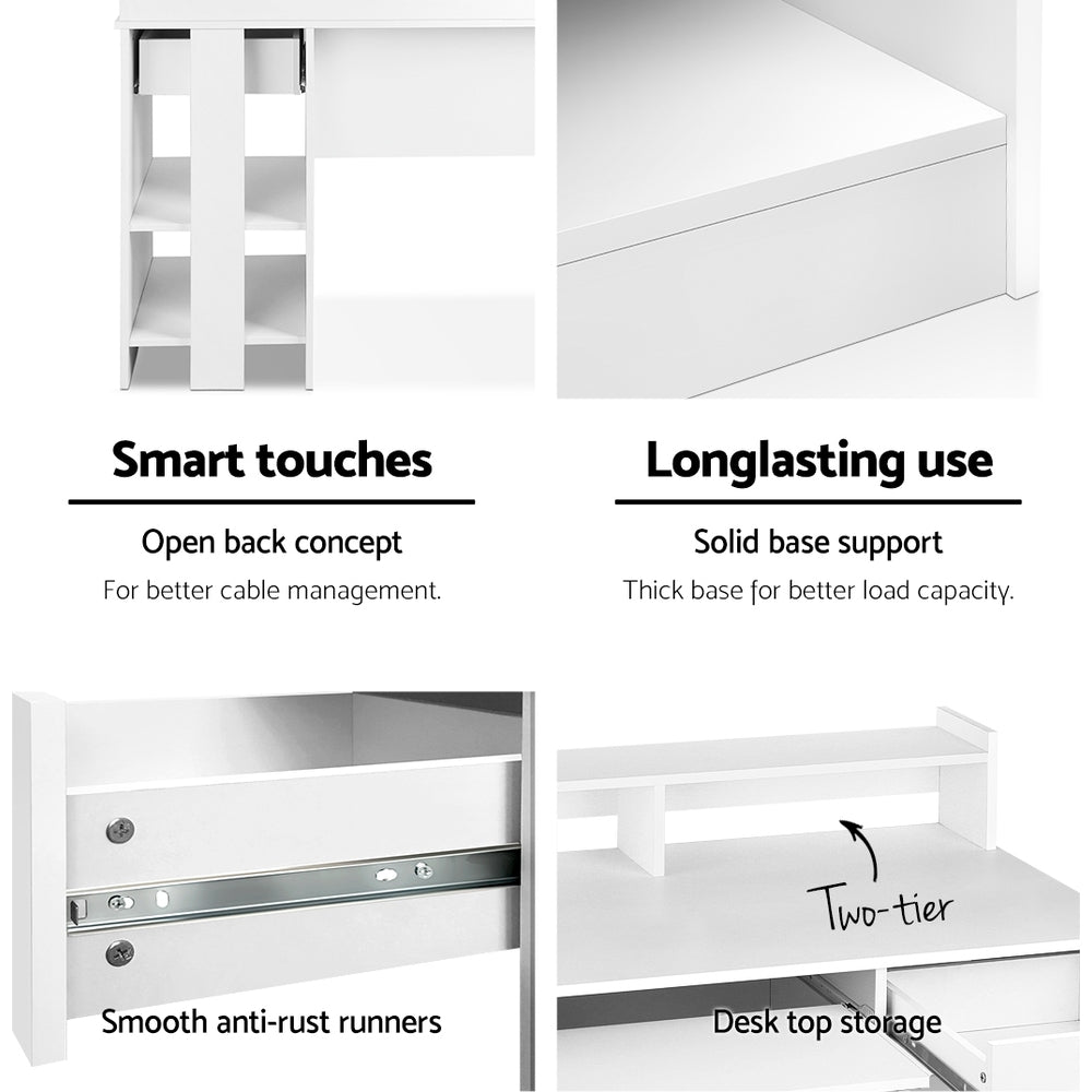 White desk with a slide out keyboard tray and open shelving