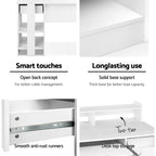 White desk with a slide out keyboard tray and open shelving