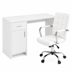 White desk paired with a black leather office chair