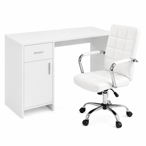 White desk paired with a black leather office chair