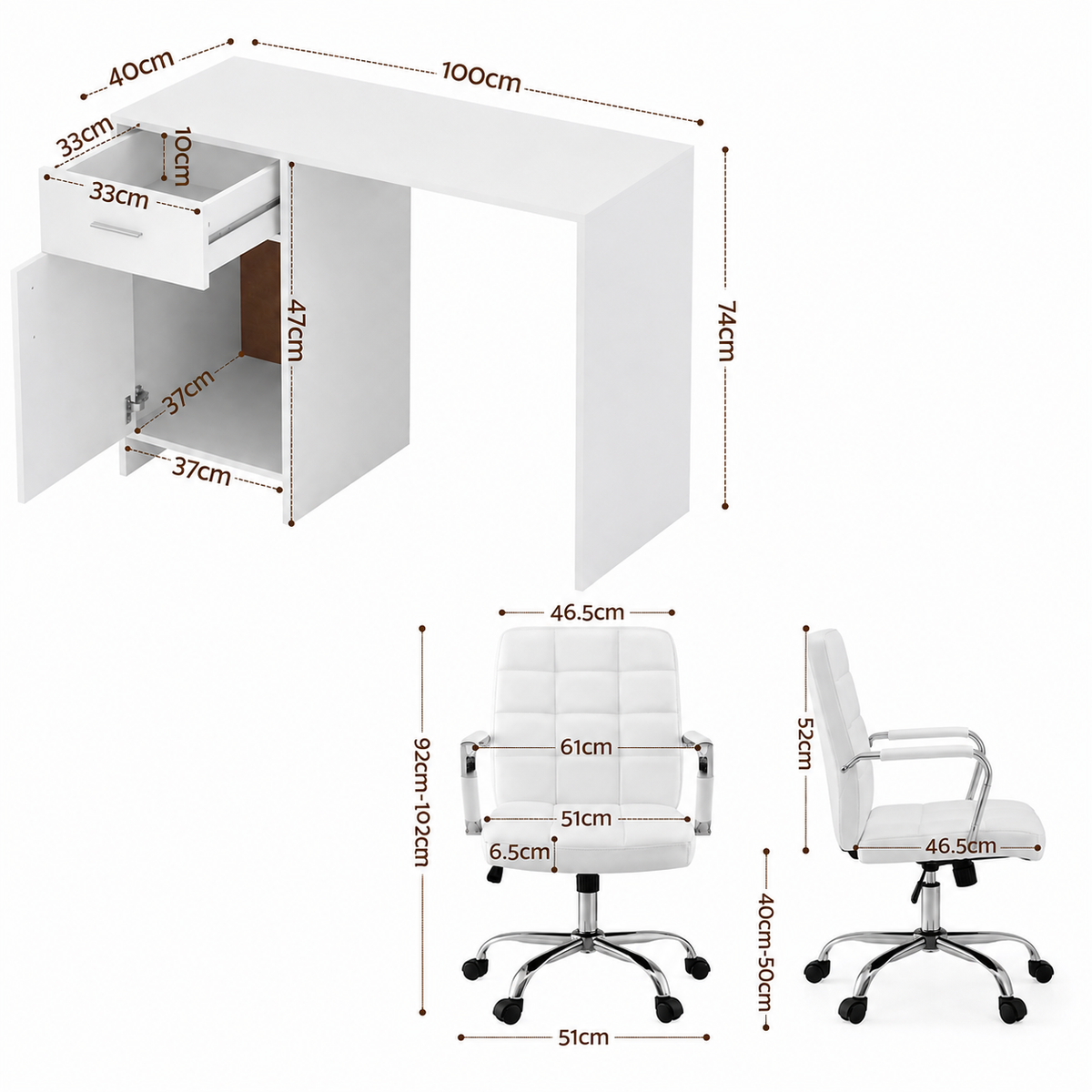 White desk paired with a black leather office chair