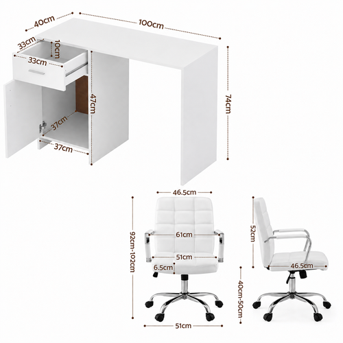 White desk paired with a black leather office chair