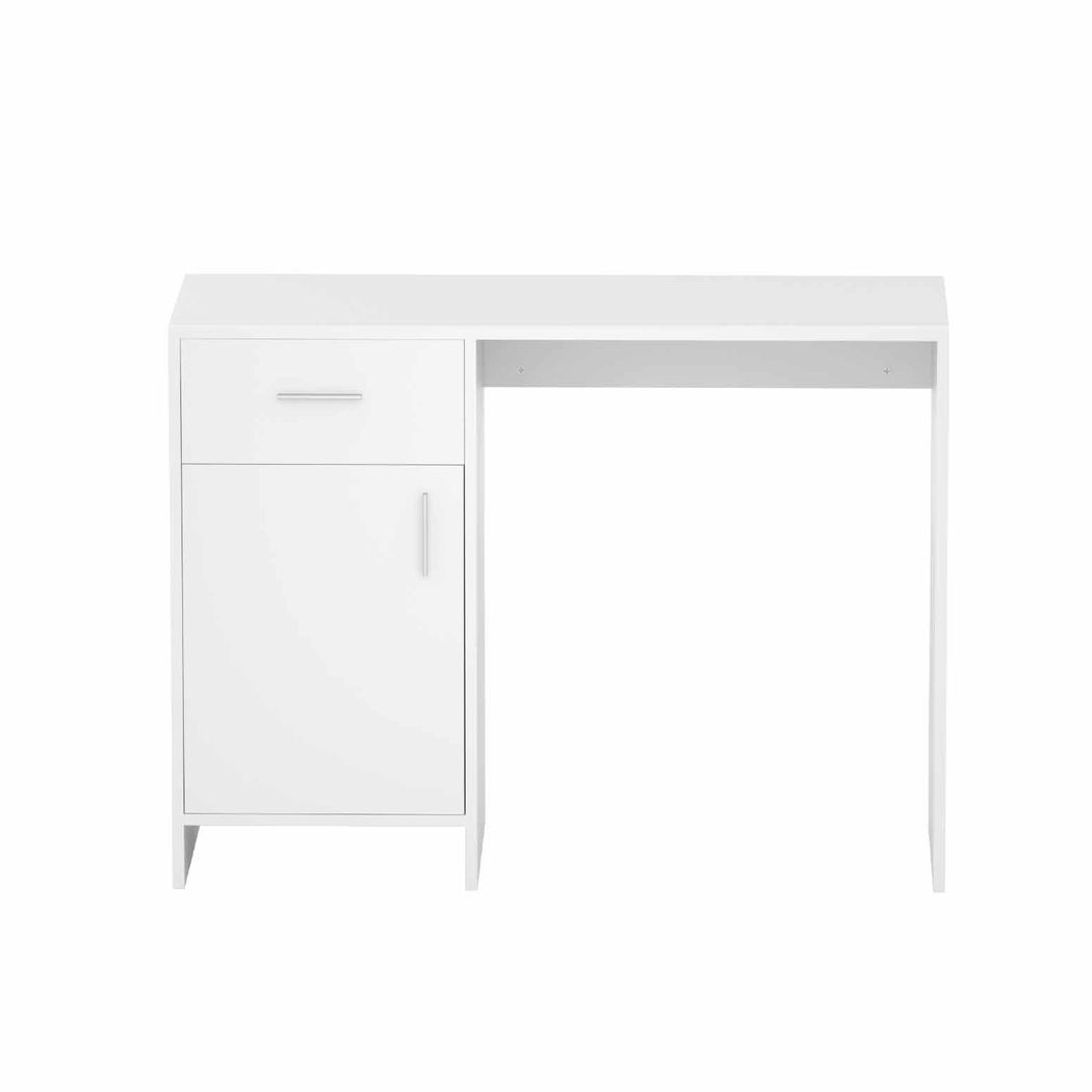 White desk paired with a black leather office chair