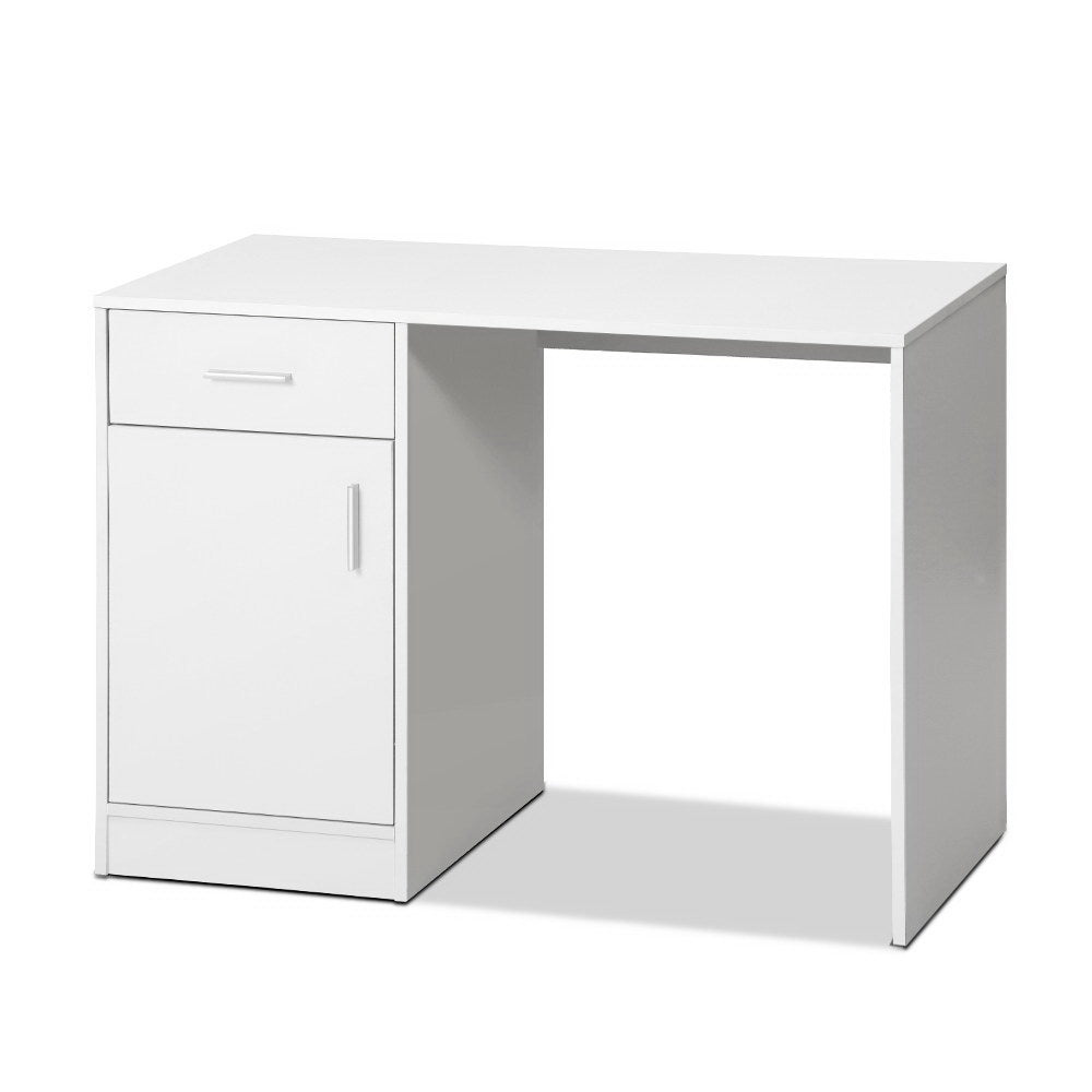 Small white desk with a sliding drawer and a closed cabinet