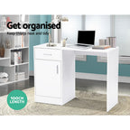 Small white desk with a sliding drawer and a closed cabinet