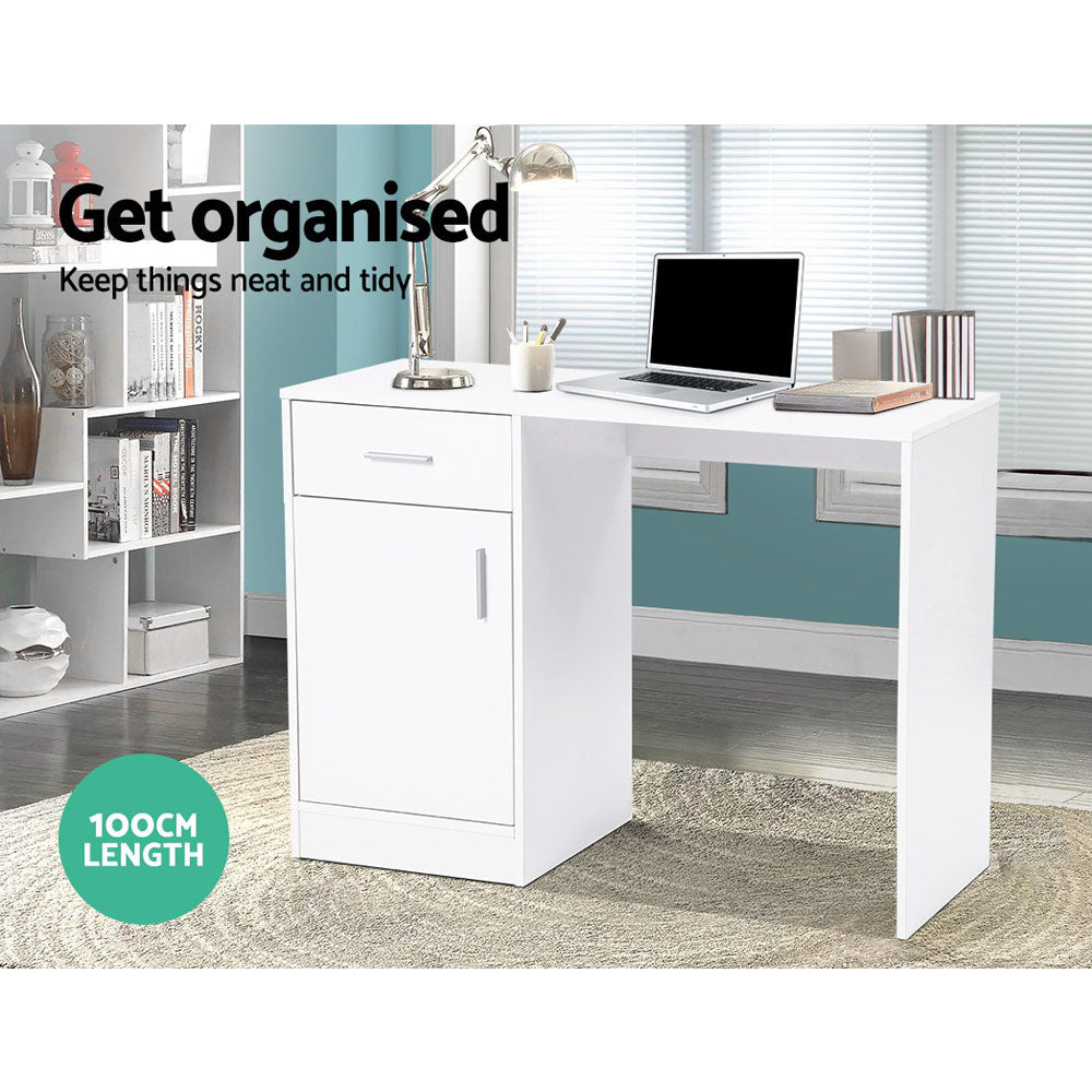 Small white desk with a sliding drawer and a closed cabinet