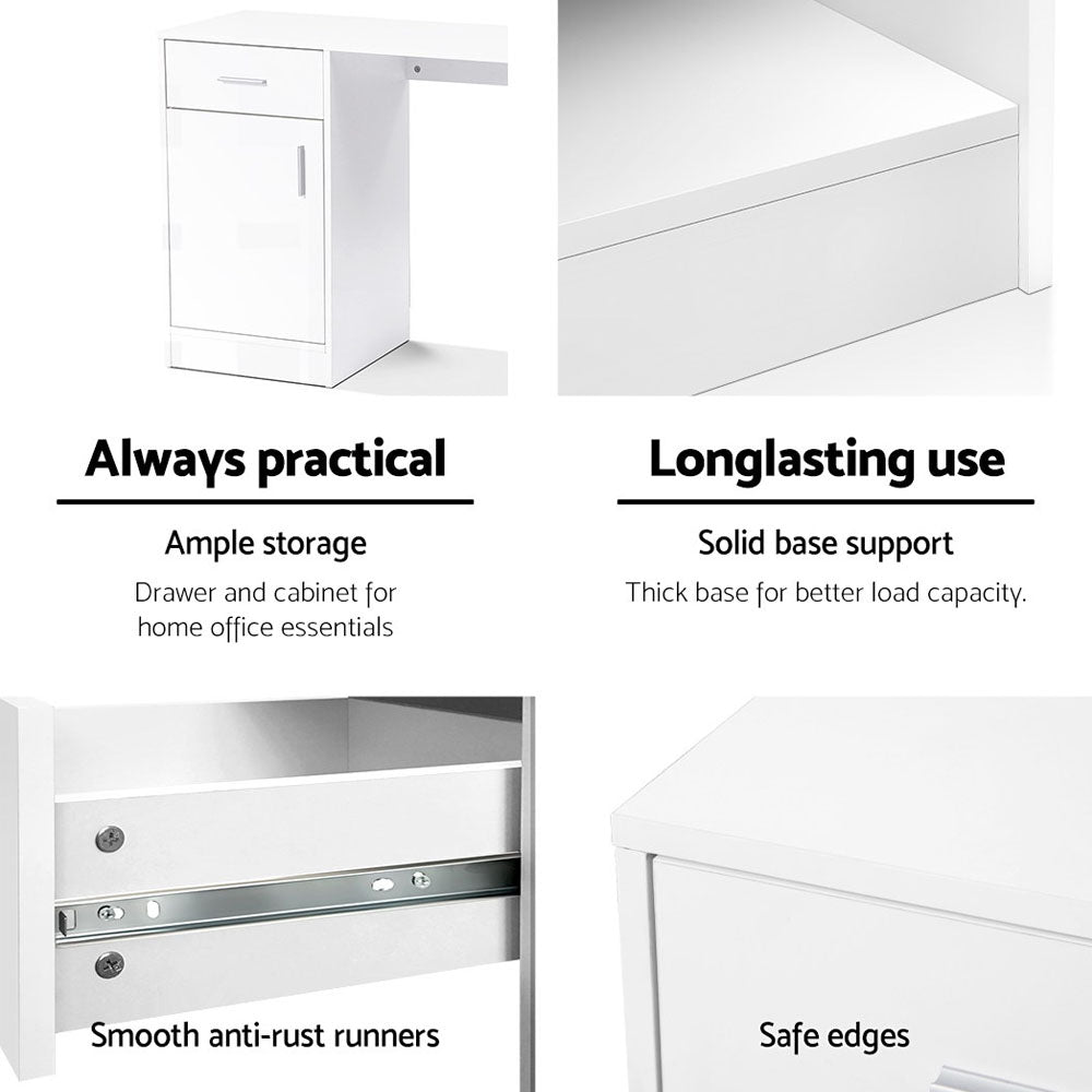 Small white desk with a sliding drawer and a closed cabinet