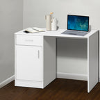 Small white desk with a sliding drawer and a closed cabinet