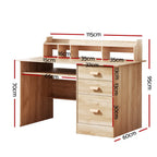 Pine desk with two tiers of shelving and three drawers