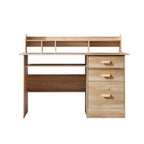 Pine desk with two tiers of shelving and three drawers