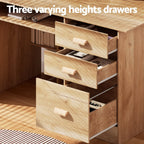 Pine desk with two tiers of shelving and three drawers