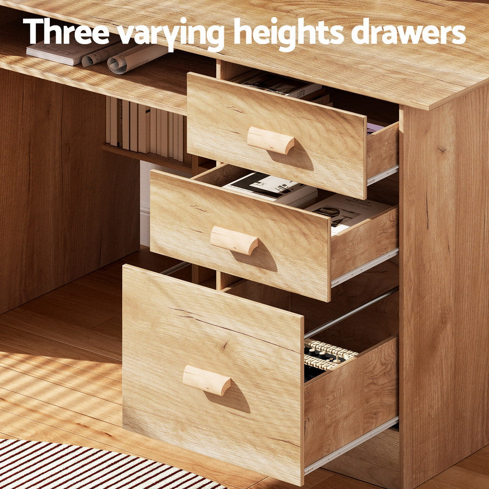 Pine desk with two tiers of shelving and three drawers