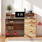 Pine desk with two tiers of shelving and three drawers