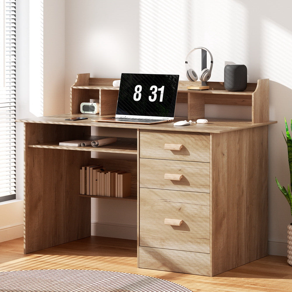 Pine desk with two tiers of shelving and three drawers