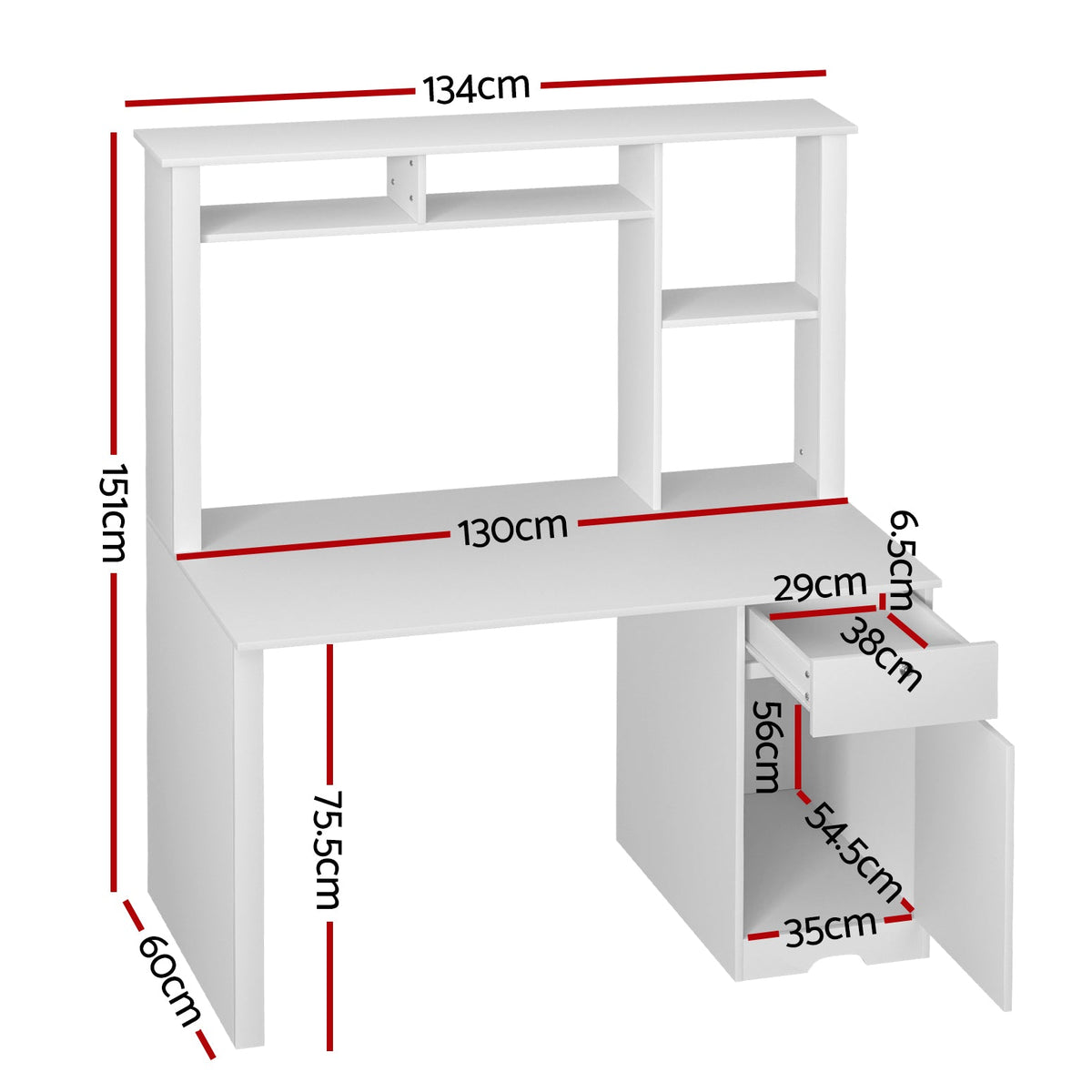 White desk with an open bookshelf and a closed storage cabinet
