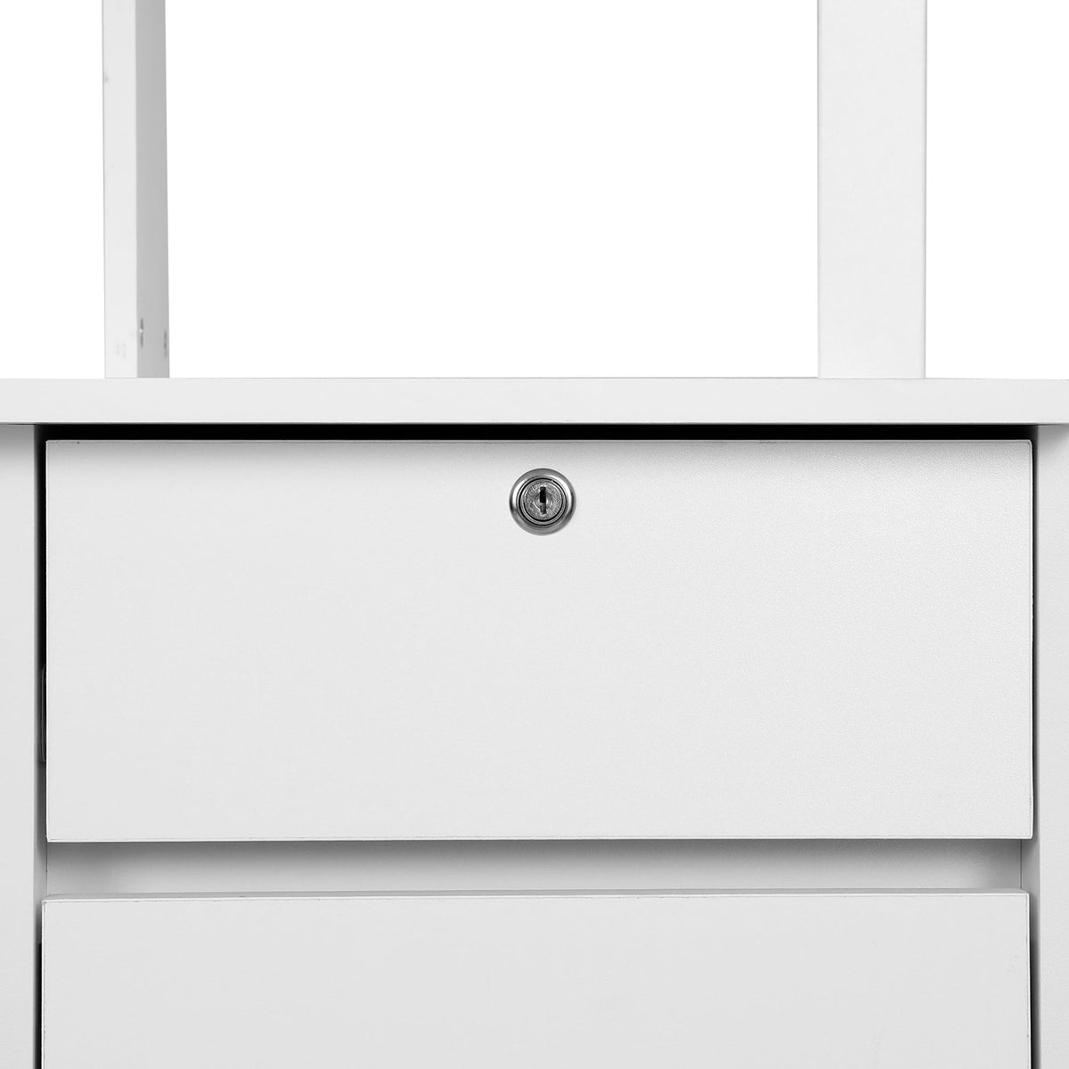 White desk with an open bookshelf and a closed storage cabinet