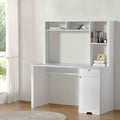 White desk with an open bookshelf and a closed storage cabinet