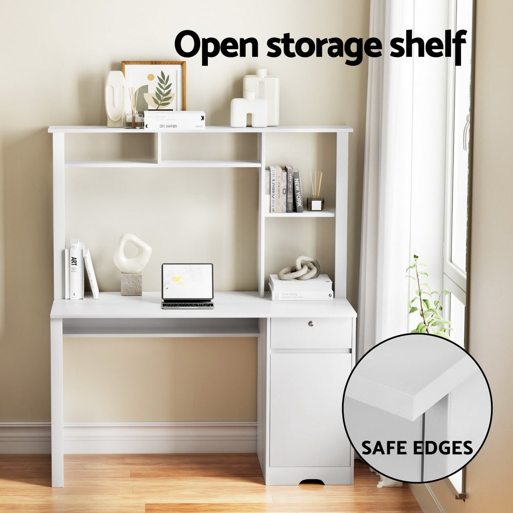 White desk with an open bookshelf and a closed storage cabinet