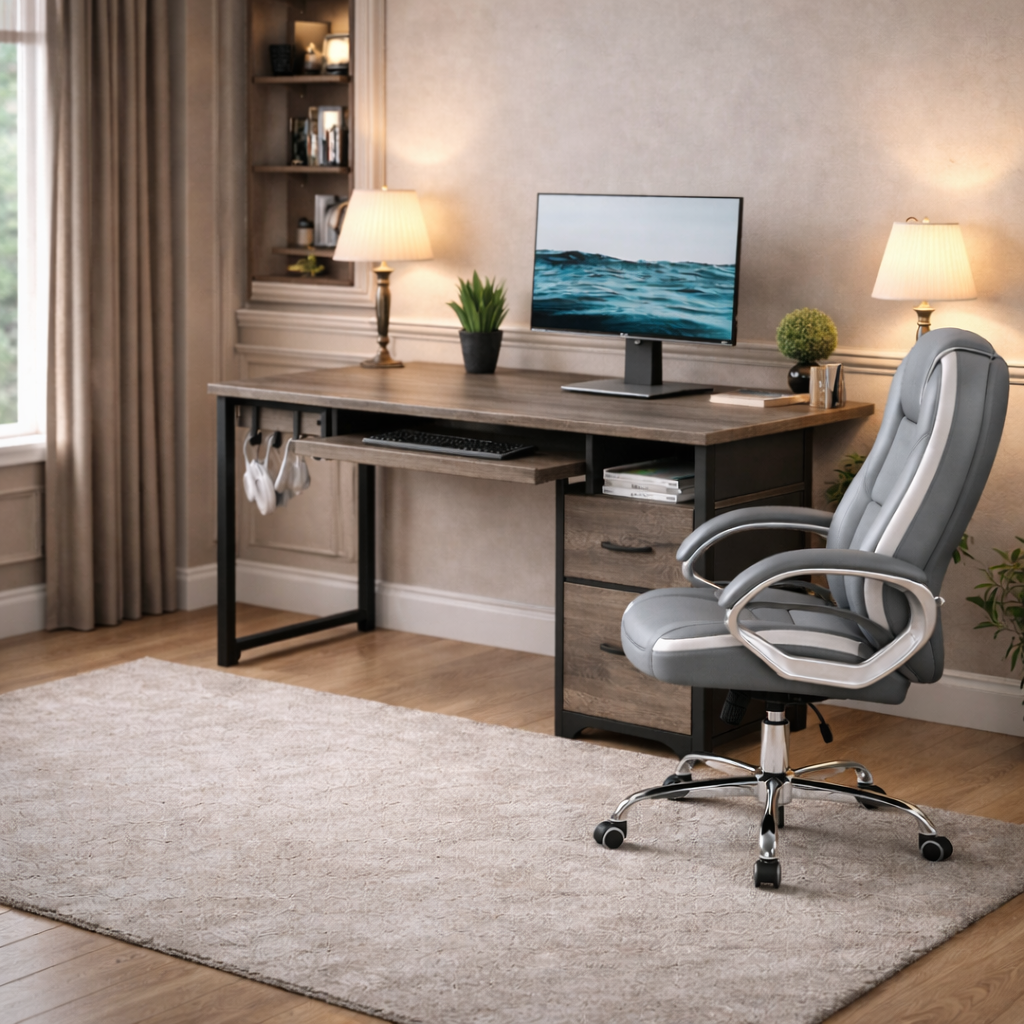 Grey desk with storage drawers and a matching ergonomic chair