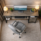Grey desk with storage drawers and a matching ergonomic chair