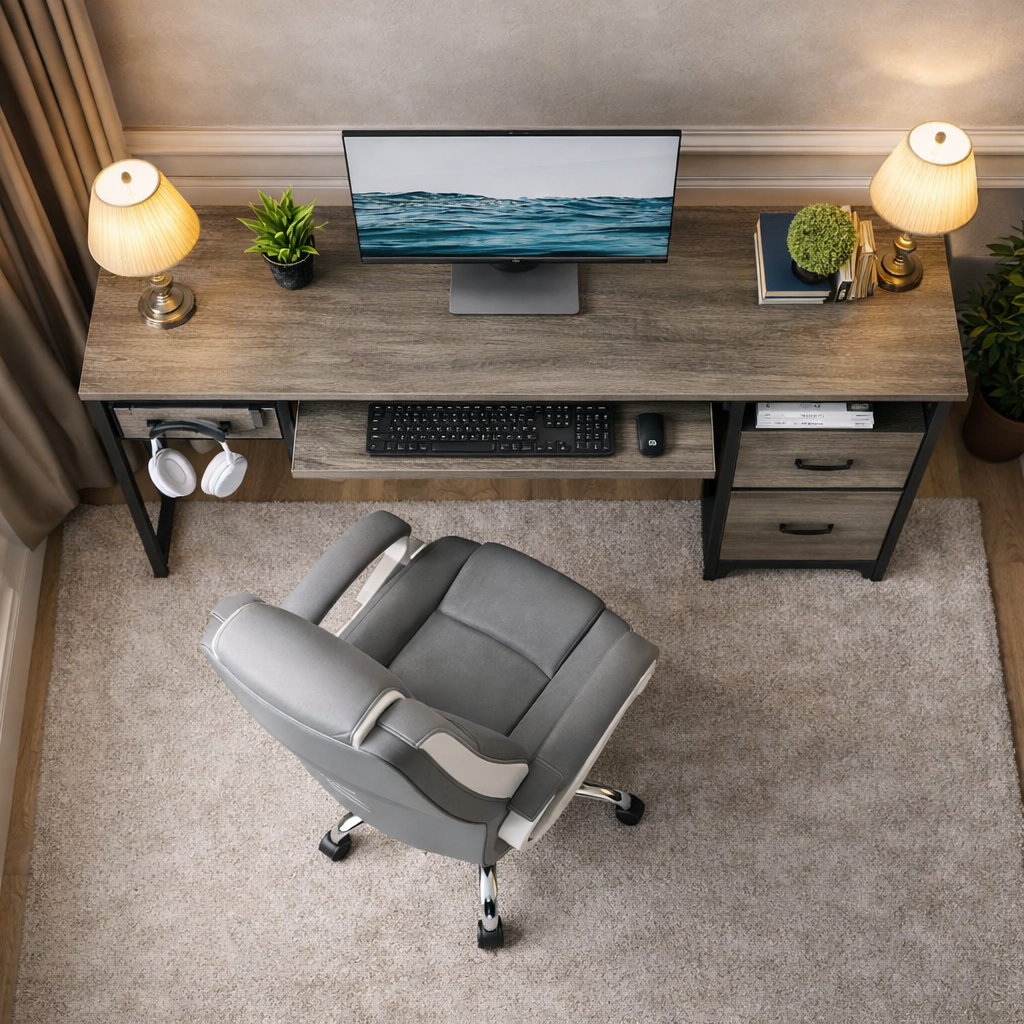 Grey desk with storage drawers and a matching ergonomic chair
