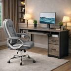 Grey desk with storage drawers and a matching ergonomic chair
