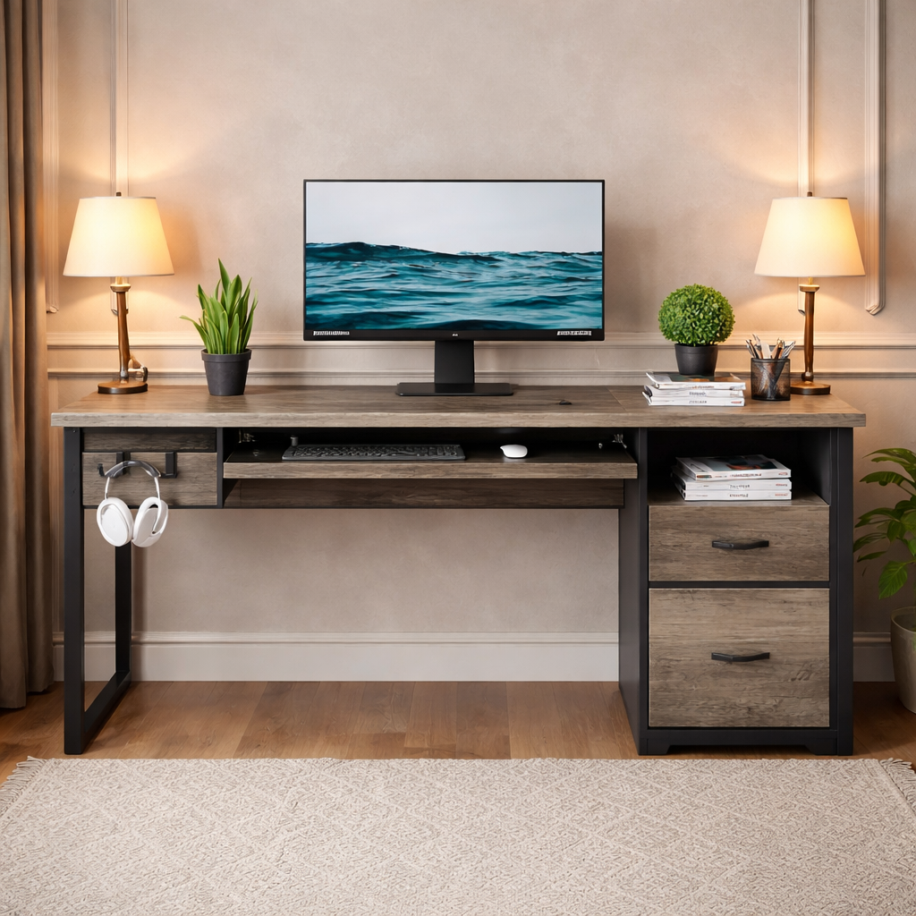 Grey desk with storage drawers and a matching ergonomic chair