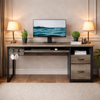 Grey desk with storage drawers and a matching ergonomic chair