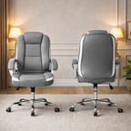 Grey desk with storage drawers and a matching ergonomic chair