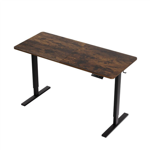 Height adjustable standing desk with a rustic brown top and black frame
