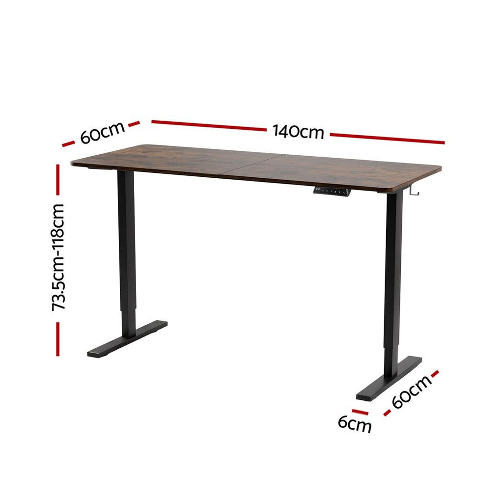 Height adjustable standing desk with a rustic brown top and black frame