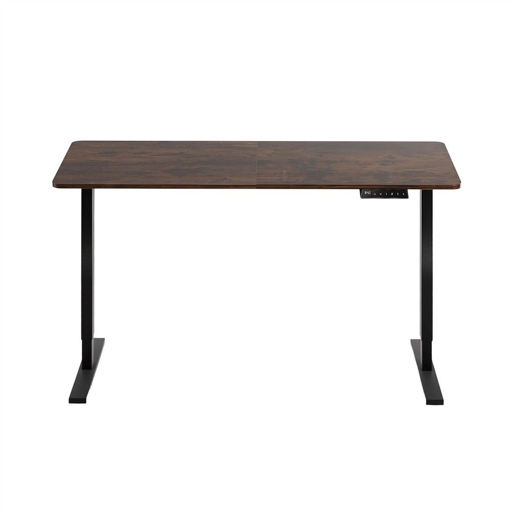 Height adjustable standing desk with a rustic brown top and black frame