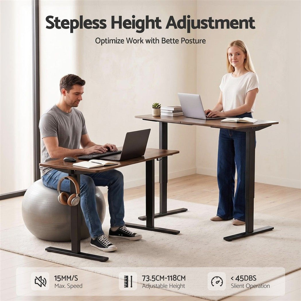 Height adjustable standing desk with a rustic brown top and black frame