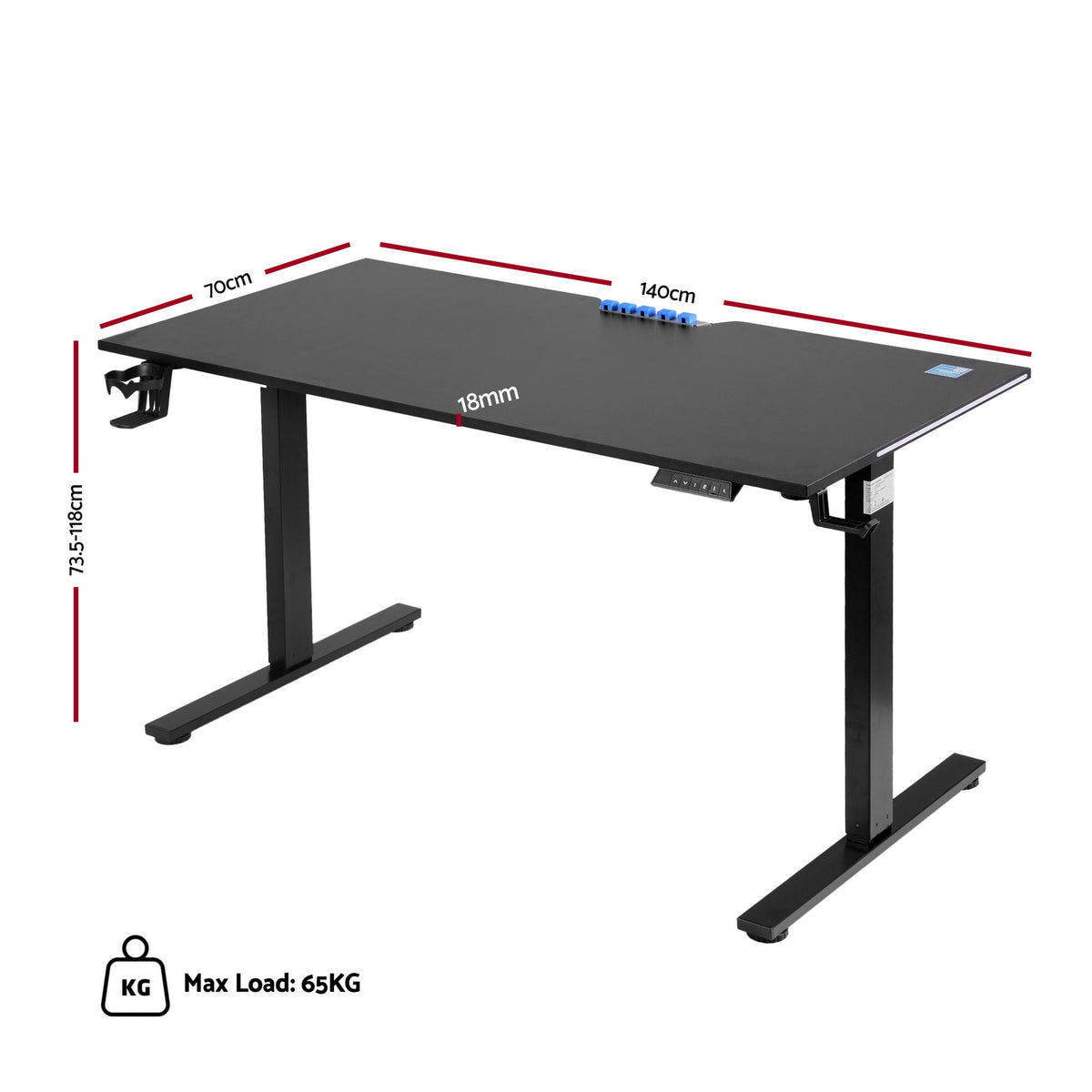 Black electric standing desk at standing height