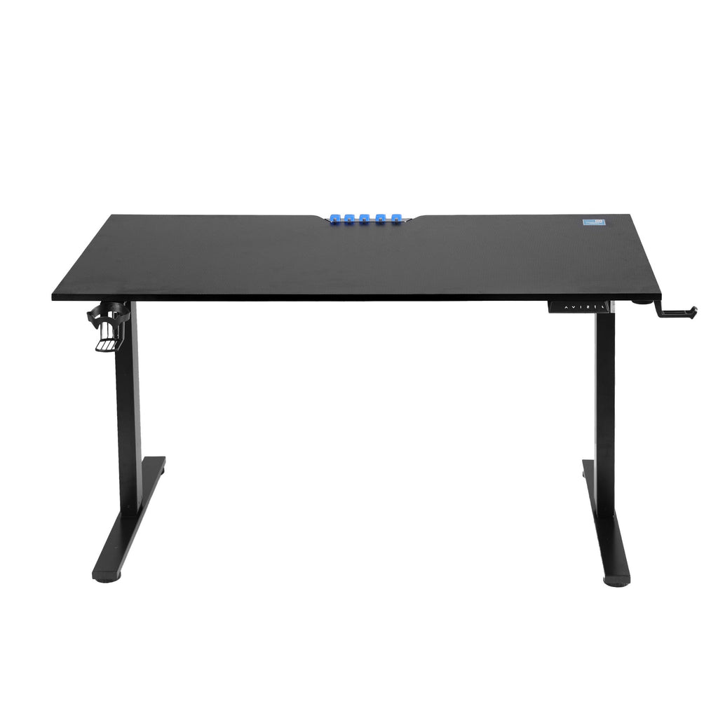 Black electric standing desk at standing height