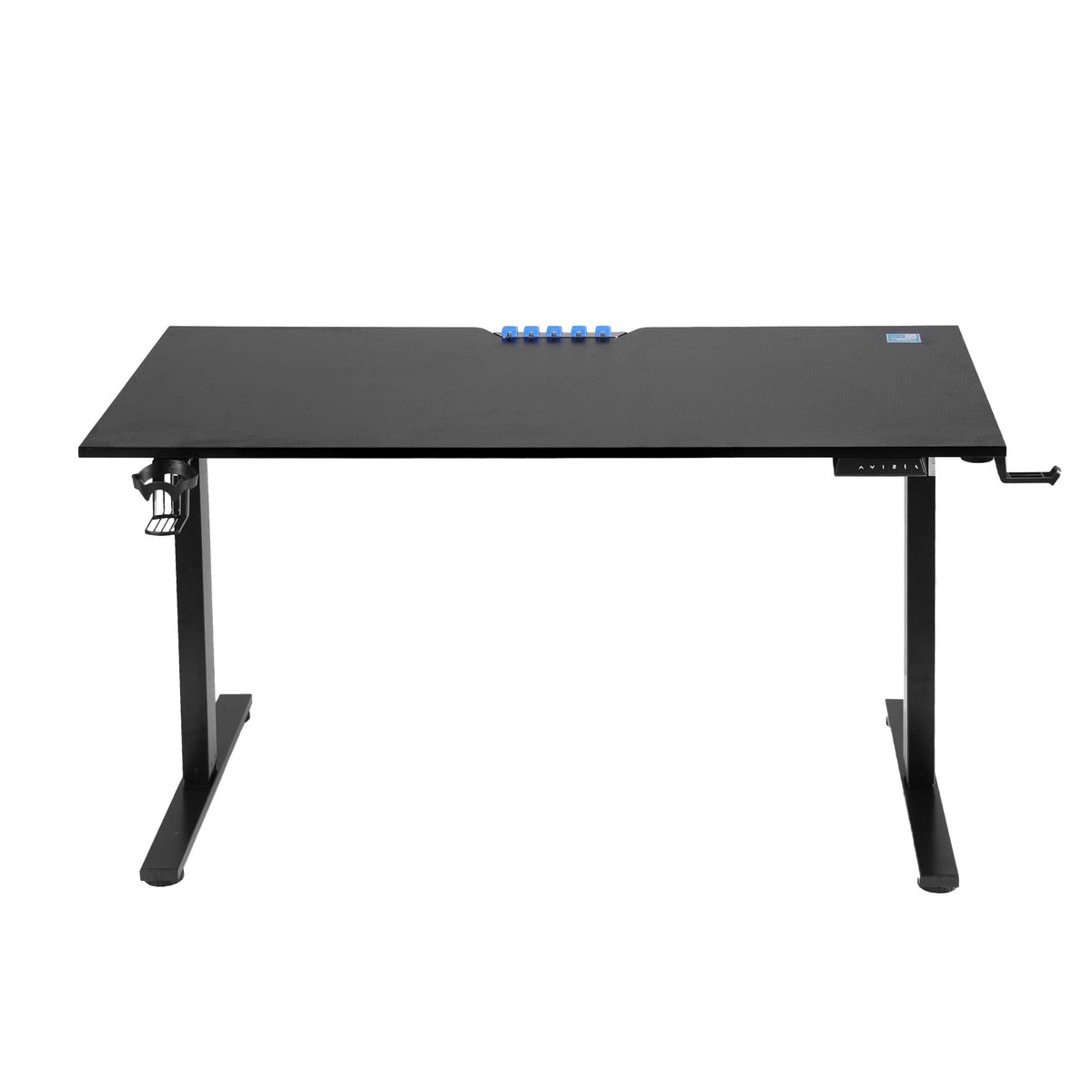 Black electric standing desk at standing height