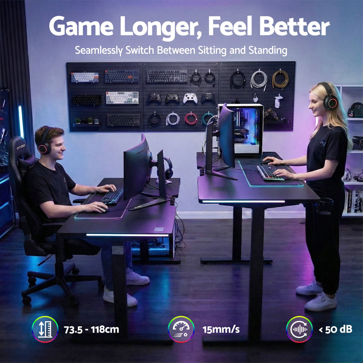 Black electric standing desk at standing height