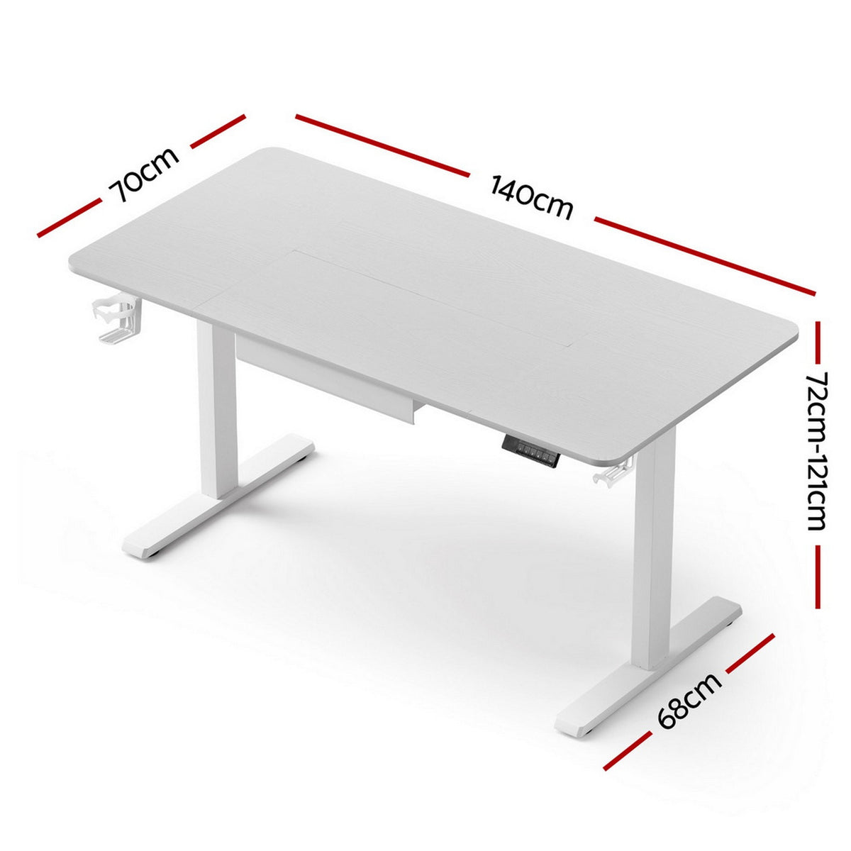 White electric standing desk with a built in stationery drawer