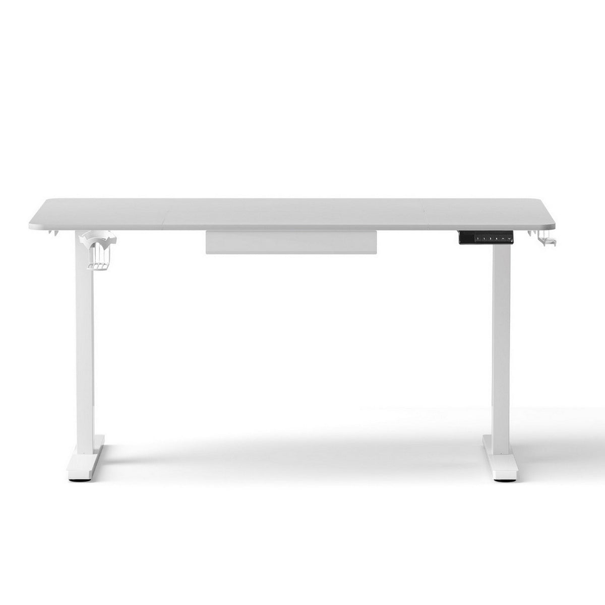 White electric standing desk with a built in stationery drawer