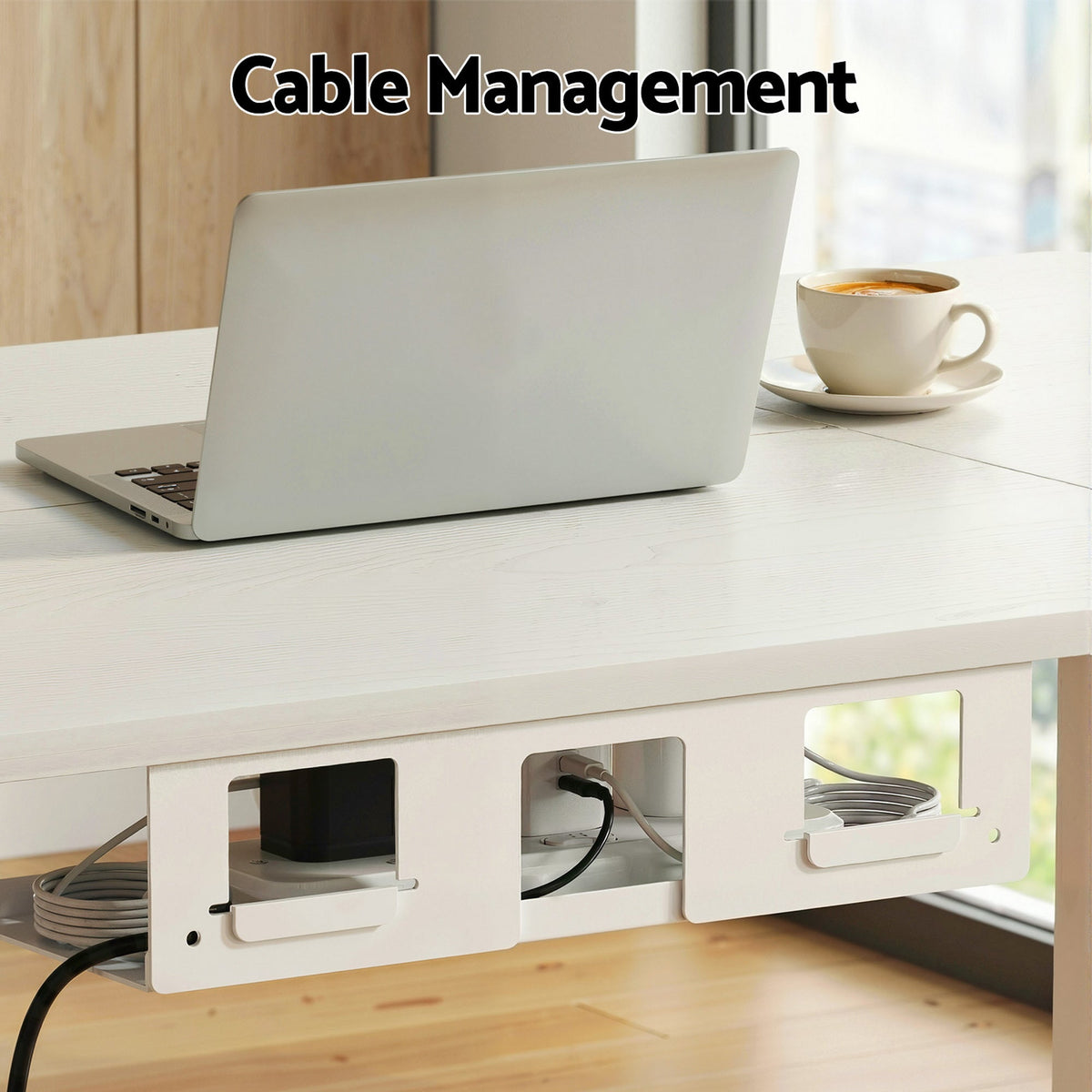 White electric standing desk with a built in stationery drawer