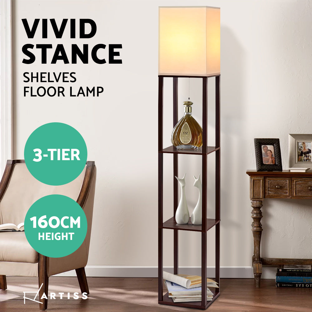 Walnut floor lamp with three integrated shelves