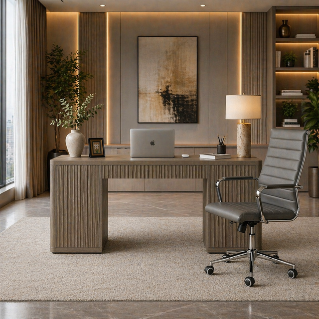Grey alder executive desk with drawers and cabinet doors, with a swivel chair