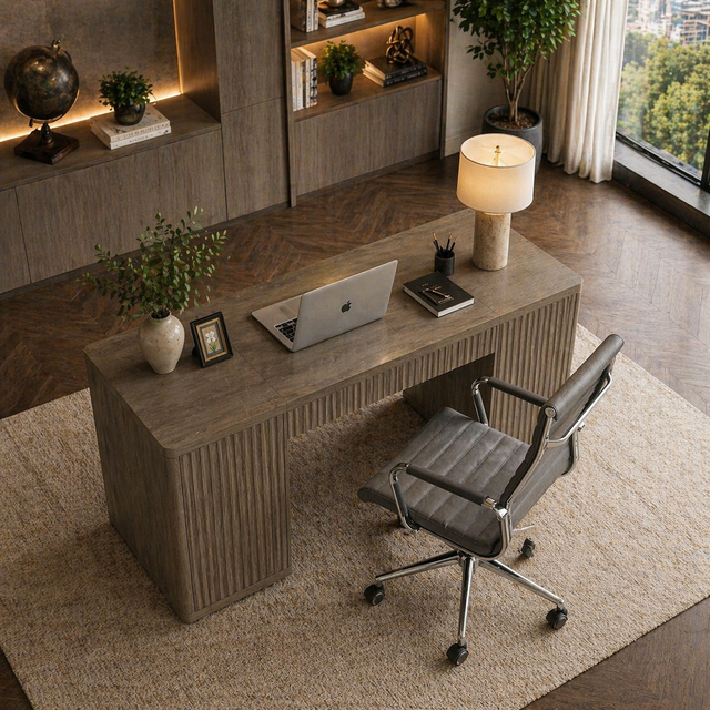 Grey alder executive desk with drawers and cabinet doors, with a swivel chair