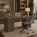 Grey alder executive desk with drawers and cabinet doors, with a swivel chair