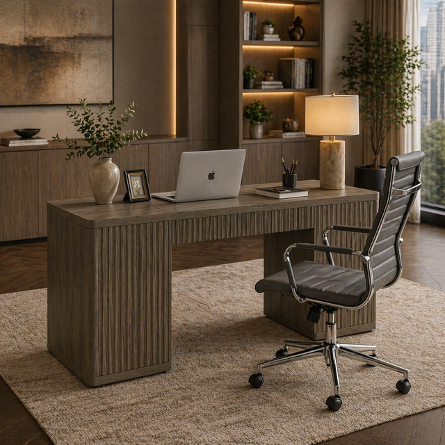 Grey alder executive desk with drawers and cabinet doors, with a swivel chair