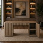 Grey alder executive desk with drawers and cabinet doors, with a swivel chair