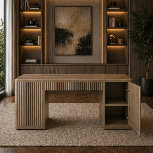 Grey alder executive desk with drawers and cabinet doors, with a swivel chair