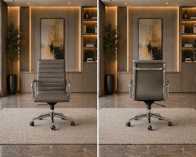Grey alder executive desk with drawers and cabinet doors, with a swivel chair