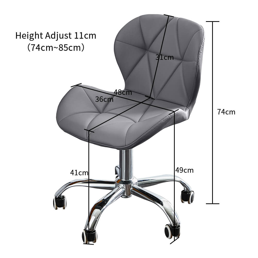 Grey swivel office chair on chrome legs with castors
